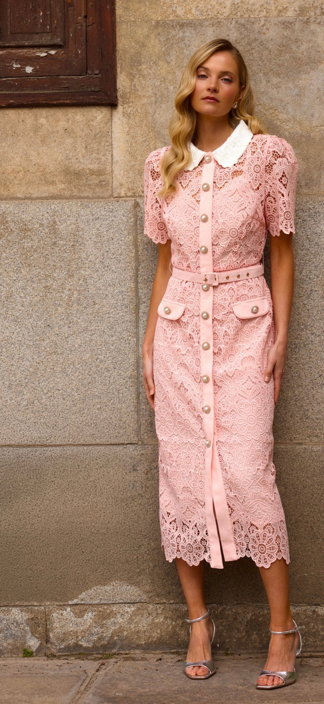 pink lace dress with belt Lace Chantilly Midi Dress with Velvet Collar and Belt